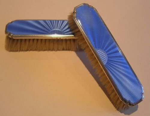 fig 1. Stunning Pair Sterling Silver and Blue Guilloche Enamel Clothes Brushes