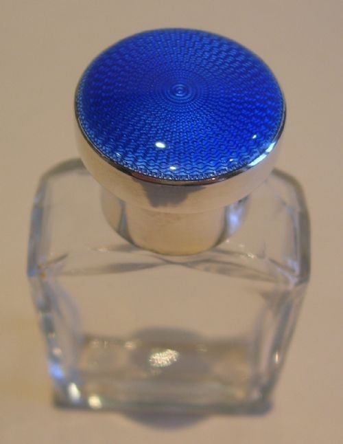 Small Cologne or Perfume Bottle - Sterling Silver and Guilloche Enamel Top