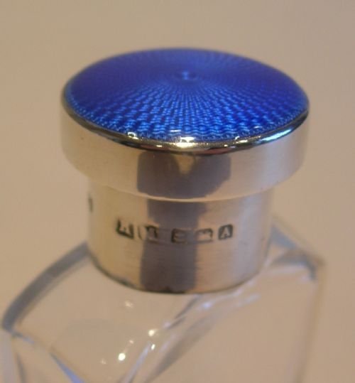 fig 1. Small Cologne or Perfume Bottle - Sterling Silver and Guilloche Enamel Top