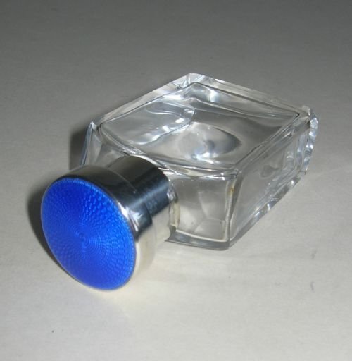 Small Cologne or Perfume Bottle - Sterling Silver and Guilloche Enamel Top