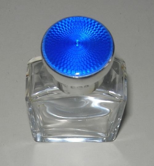 fig 1. Small Cologne or Perfume Bottle - Sterling Silver and Guilloche Enamel Top
