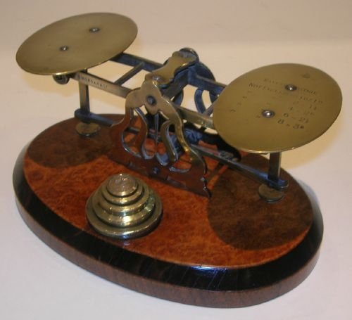 Handsome Antique English Burl Walnut and Brass Letter / Postal Scales