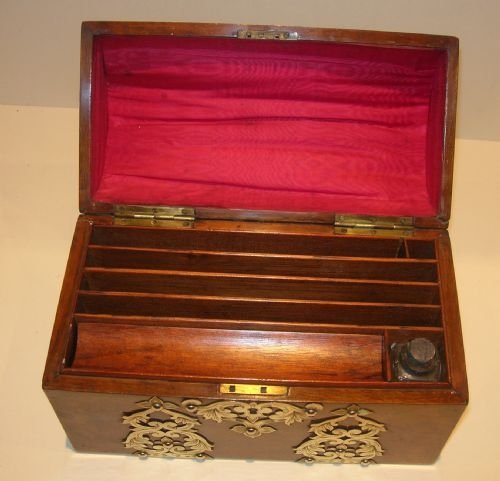 fig 1. Stunning Antique English Burl Walnut and Brass Mounted Stationery / Writing Box
