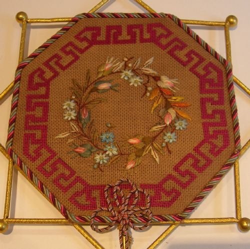 fig 1. Pristine Pair Antique French Embroidered Face Screens - Gilded Frames