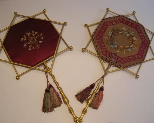 Pristine Pair Antique French Embroidered Face Screens - Gilded Frames