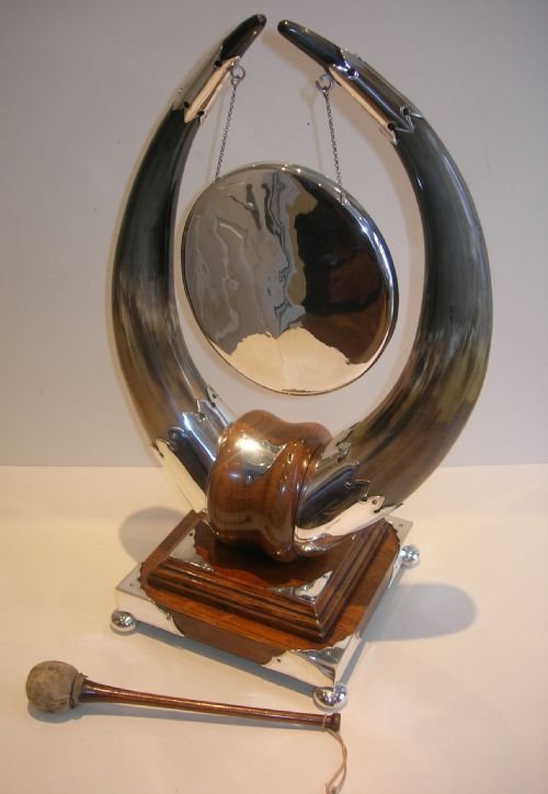 Grandest English Victorian Oak, Silver Plate & Horn Dinner Gong