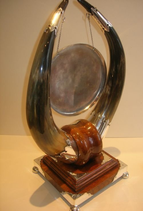 fig 1. Grandest English Victorian Oak, Silver Plate & Horn Dinner Gong