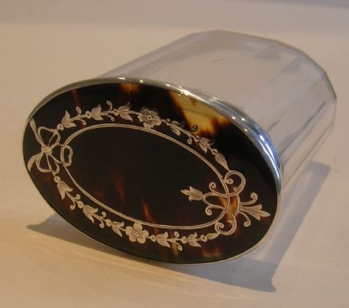 English Sterling Silver and Tortoise Shell Lidded Vanity Jar - Pique Inlay