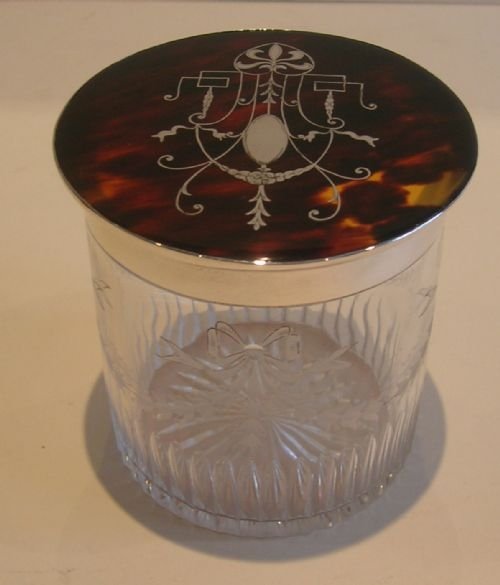 Rare Enormous Cut & Engraved Vanity Jar - Tortoise Shell & Sterling Silver Lid