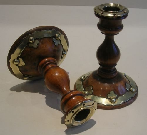 Handsome Pair Antique English Turned Walnut Desk Candlesticks - Brass Mounted