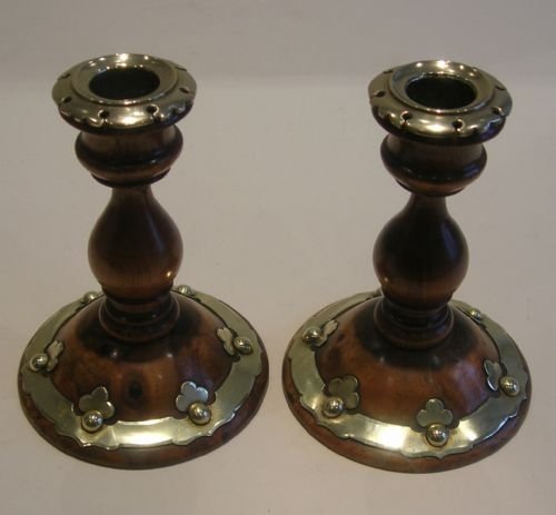 fig 1. Handsome Pair Antique English Turned Walnut Desk Candlesticks - Brass Mounted