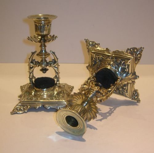 Rare Pair Antique Brass Desk Candlesticks with Integral Pen or Nib Wipes