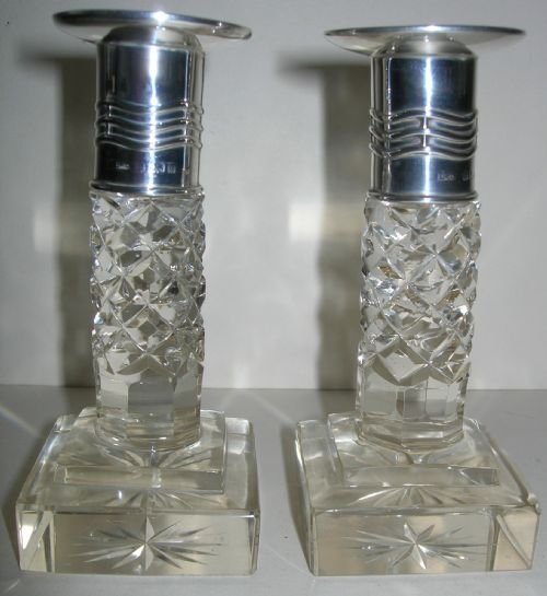Antique English Cut Crystal and Sterling Silver Candlesticks