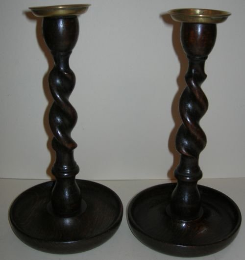 Pair English Wooden Barley Twist Candlesticks