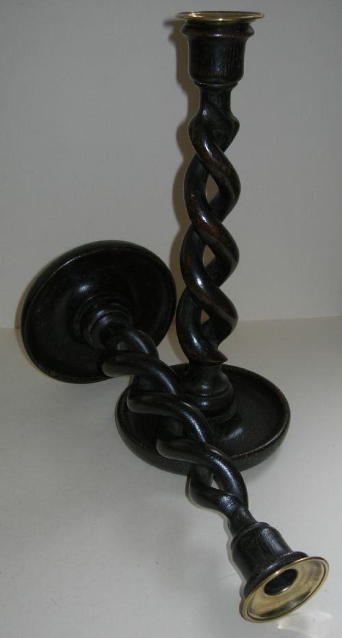 Pair Rich Dark Oak Open Barley Twist Candlesticks