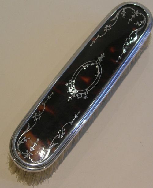 English Sterling Silver and Tortoise Shell Clothes Brush - Pique Inlay