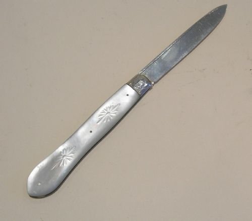 fig 1. Antique Englisih Sterling Silver & Mother of Pearl Fruit Knife - Original Case - 1877