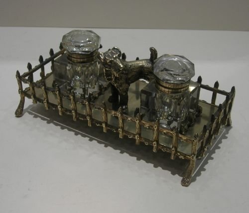 Fabulous Figural Antique English Double Inkstand / Inkwell - Dog - Airedale