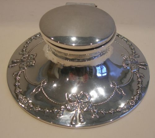 Antique English Sterling Silver Capstan Inkwell - Pretty Ribbon & Bow Garlands