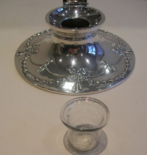 fig 1. Antique English Sterling Silver Capstan Inkwell - Pretty Ribbon & Bow Garlands