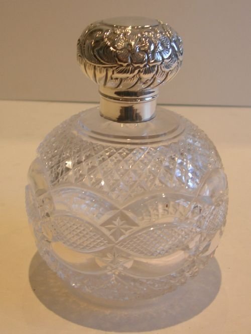 Antique English Cut Crystal and Sterling Silver Perfume or Scent Bottle