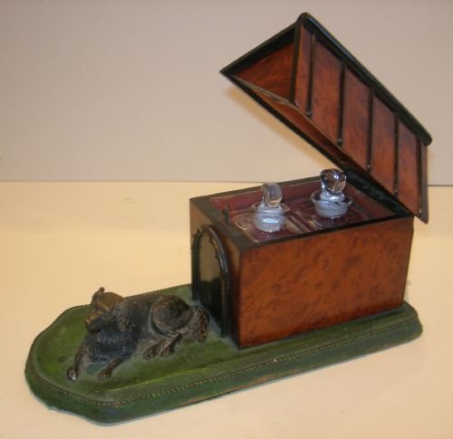 Rare Antique French Novelty Mechanical Perfume Bottle Box - Dog & Kennel