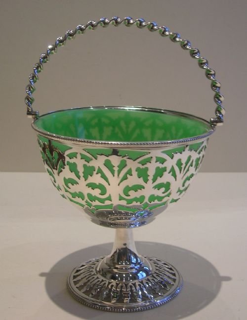 Antique English Pierced or Reticulated Basket - Green Opaline Glass Liner - Silver Plated
