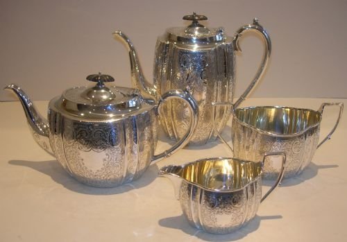 Antique English Hand-engraved Silver Plated Tea & Coffee Set - Benetfink, London