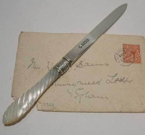 Antique English Sterling Silver Letter Opener - Mother of Pearl Handle