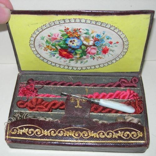 Antique Tooled Leather Sewing Box - Silks - Embroidery Panel
