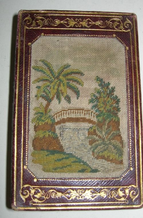 fig 1. Antique Tooled Leather Sewing Box - Silks - Embroidery Panel