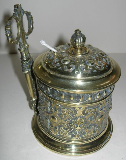 Antique English Brass String Box with Scissors - Victorian - Signed