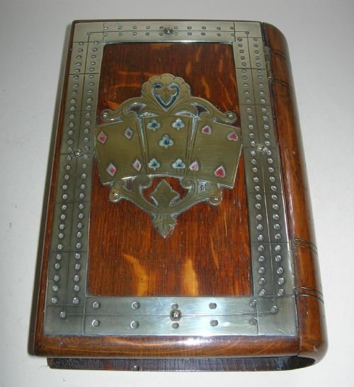 Rare Antique Brass Mounted Oak Cribbage Box - Book Form