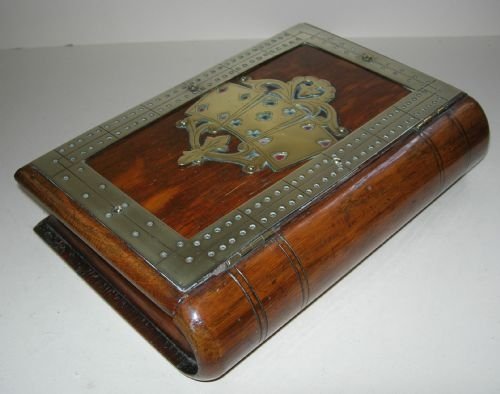 fig 1. Rare Antique Brass Mounted Oak Cribbage Box - Book Form