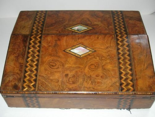 Antique Burl Walnut and Tunbridge Ware Inlaid Lap Desk / Writing Box