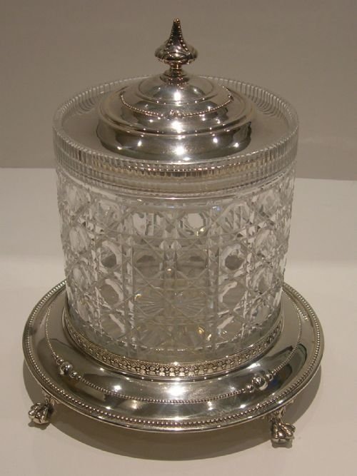 Antique English Hobnail Cut Crystal and Silver Plated Biscuit Box