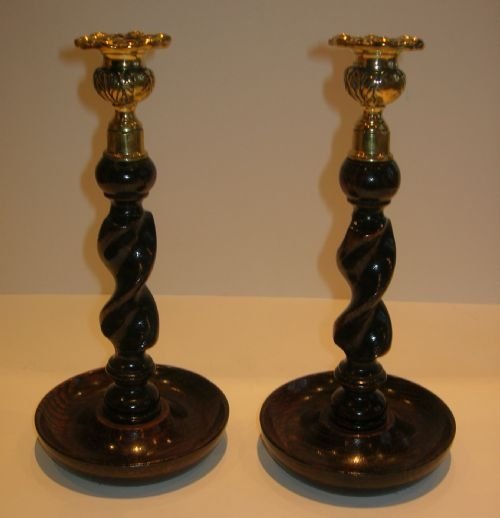 Handsome Pair Solid Oak Barley Twist Candlesticks - Brass Thistle Tops