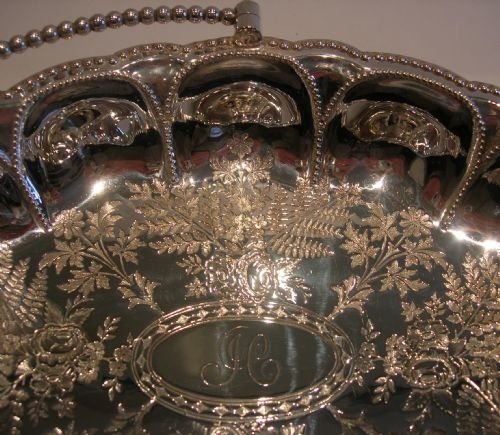 fig 1. Beautiful Antique English Silver Plated Basket; Engraved With Flowers & Ferns