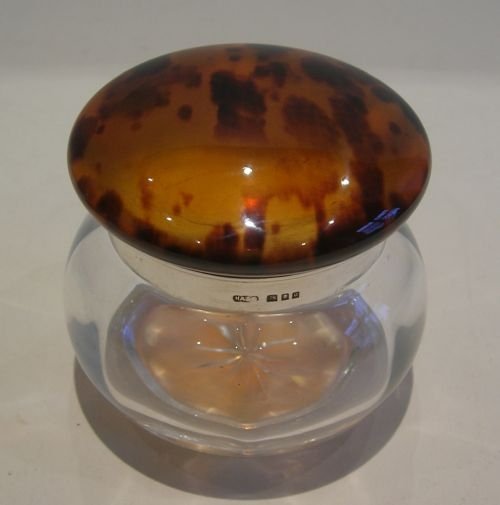 Handsome Tortoise Shell & Sterling Silver Topped Vanity Jar