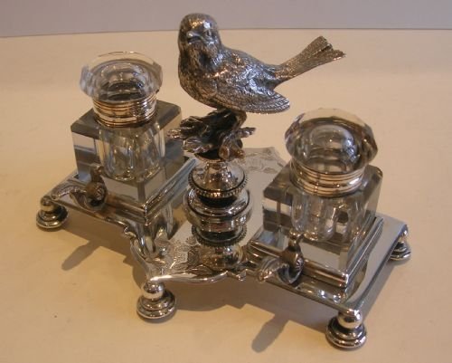 Adorable English Inkstand / Double Inkwell - Charming Bird
