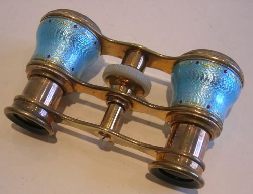 Pretty Antique French Blue Guilloche Enamel Opera Glasses - Red Stones
