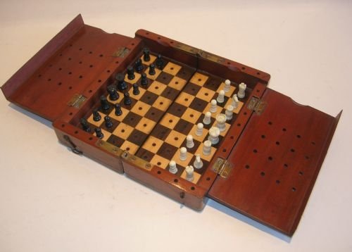 Antique English Mahogany Cased Travel Chess Set C.1900