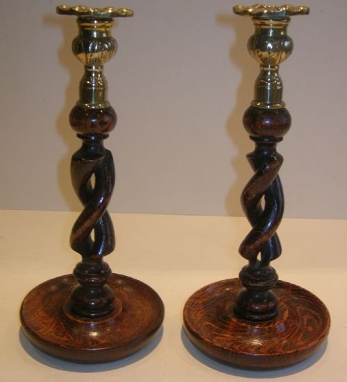 Antique English Oak Open Barley Twist Candlesticks - Brass Thistle Tops