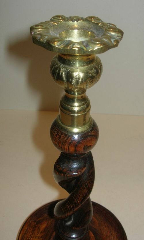 fig 1. Antique English Oak Open Barley Twist Candlesticks - Brass Thistle Tops