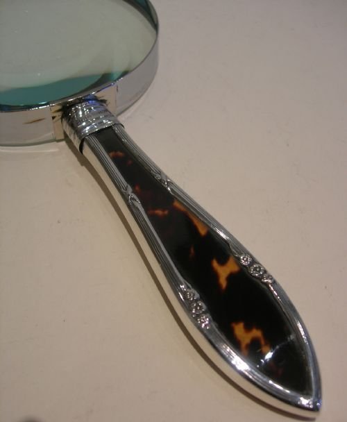 Large Sterling Silver and Tortoise Shell Handled Magnifying Glass