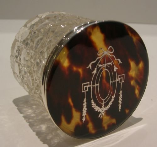 Antique English Cut Glass Vanity Jar - Tortoise Shell & Sterling Silver
