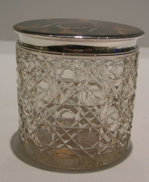 fig 1. Antique English Cut Glass Vanity Jar - Tortoise Shell & Sterling Silver