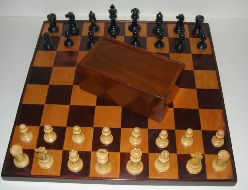Large Antique Wooden Chess or Games Board with Boxed Chess Set
