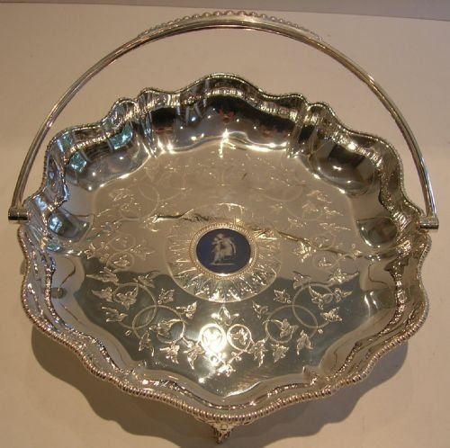 Unusual Victorian Silver Plated Basket - Blue Jasperware Plaque