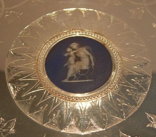 fig 1. Unusual Victorian Silver Plated Basket - Blue Jasperware Plaque